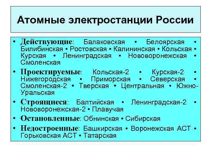 Атомные электростанции России • Действующие: Балаковская • Белоярская • • • Билибинская • Ростовская