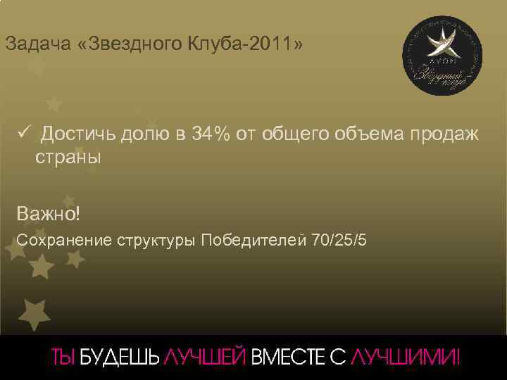 Задача «Звездного Клуба-2011» ü Достичь долю в 34% от общего объема продаж страны Важно!