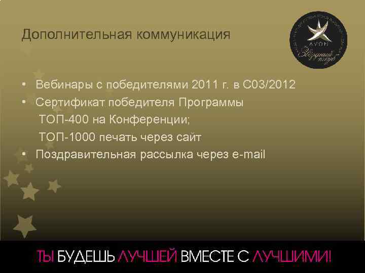 Дополнительная коммуникация • Вебинары с победителями 2011 г. в С 03/2012 • Сертификат победителя