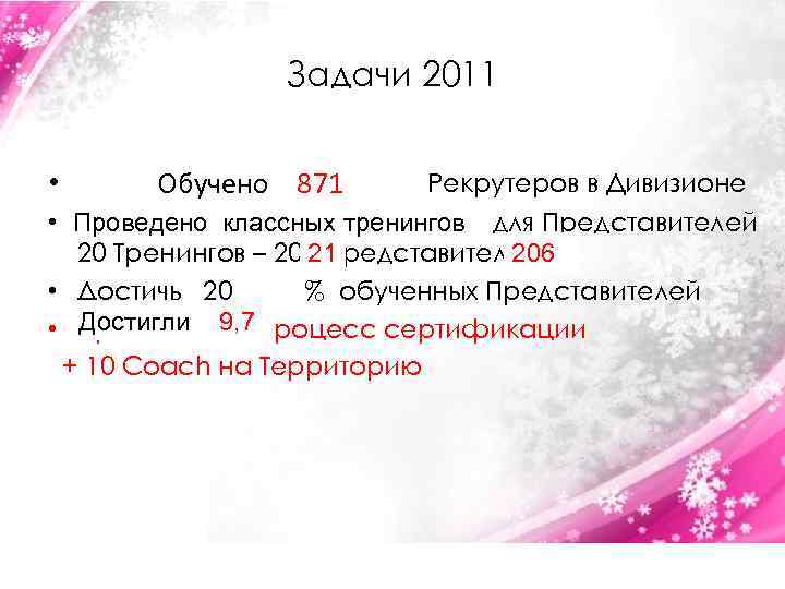 Задачи 2011 • Обучить 520 и более Рекрутеров в Дивизионе Обучено 871 • Проведено
