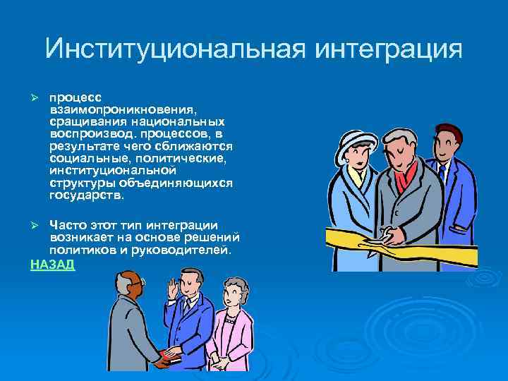 Институциональная интеграция Ø процесс взаимопроникновения, сращивания национальных воспроизвод. процессов, в результате чего сближаются социальные,