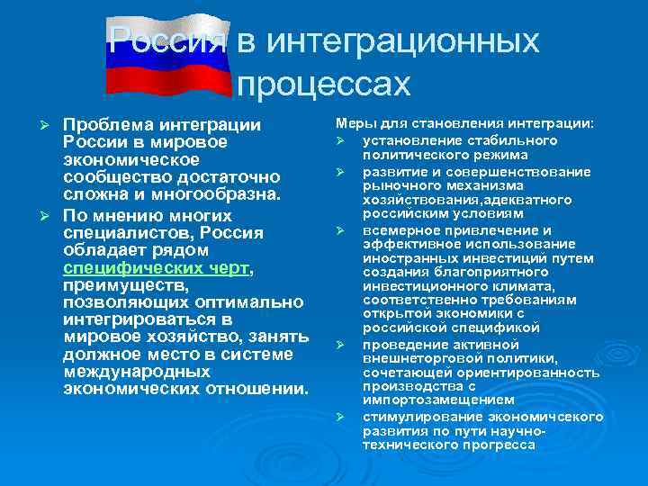 Россия в интеграционных процессах Проблема интеграции России в мировое экономическое сообщество достаточно сложна и