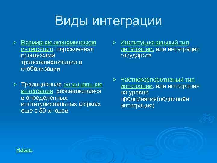 Виды интеграции Ø Ø Всемирная экономическая интеграция, порожденная процессами транснациолизации и глобализации Традиционная региональная