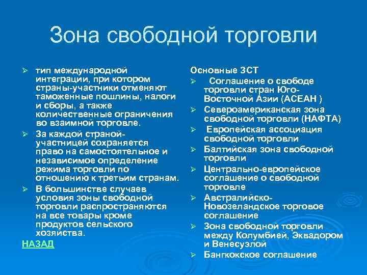 Зона свободной торговли тип международной интеграции, при котором страны-участники отменяют таможенные пошлины, налоги и