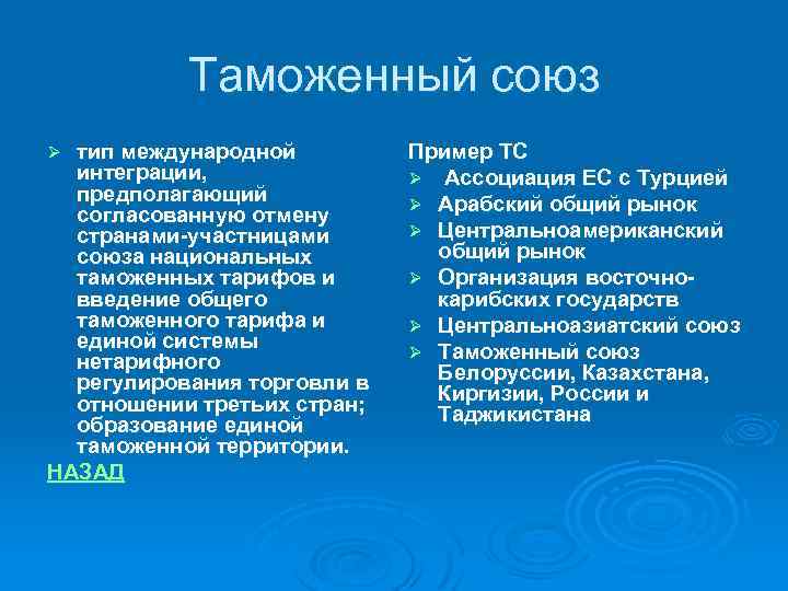 Таможенный союз тип международной интеграции, предполагающий согласованную отмену странами-участницами союза национальных таможенных тарифов и