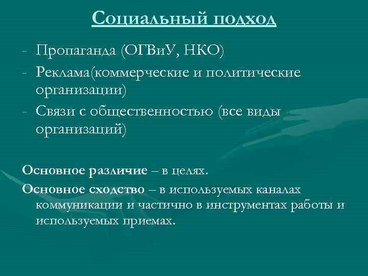Социальный подход - Пропаганда (ОГВи. У, НКО) - Реклама(коммерческие и политические организации) - Связи