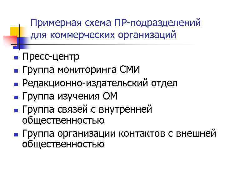 Примерная схема ПР-подразделений для коммерческих организаций n n n Пресс-центр Группа мониторинга СМИ Редакционно-издательский