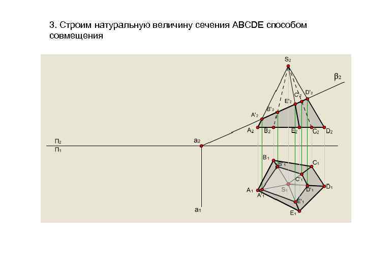 3. Строим натуральную величину сечения ABCDE способом совмещения 