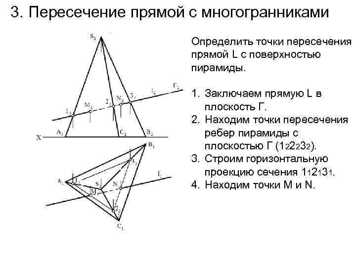 Точки пересечения ребер многогранника. Многогранники пересечение многогранников плоскостью и прямой. Построить точки пересечения прямой с поверхностью пирамиды. Построение точки пересечения прямой с многогранником. Пересечение прямой с пирамидой.