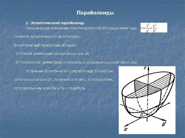 Параболоиды 1. Эллиптический параболоид. Каноническое уравнение эллиптического параболоида имеет вид: Свойства эллиптического параболоида: Эллиптический