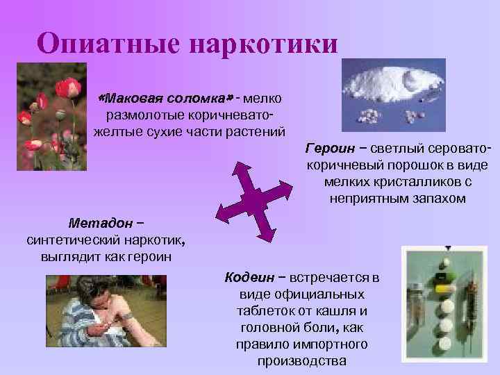 Опиатные наркотики «Маковая соломка» - мелко размолотые коричневатожелтые сухие части растений Героин – светлый