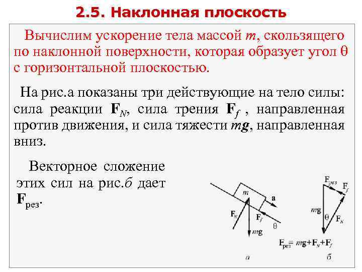 2. 5. Наклонная плоскость Вычислим ускорение тела массой m, скользящего по наклонной поверхности, которая