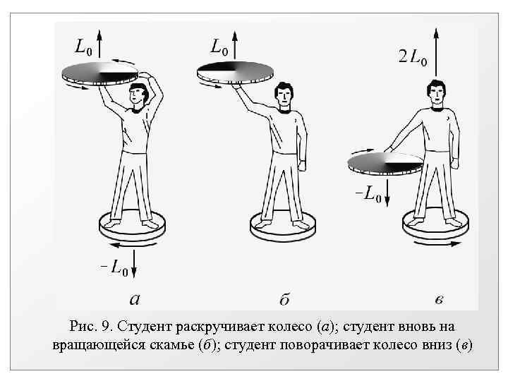 Рис. 9. Студент раскручивает колесо (а); студент вновь на вращающейся скамье (б); студент поворачивает