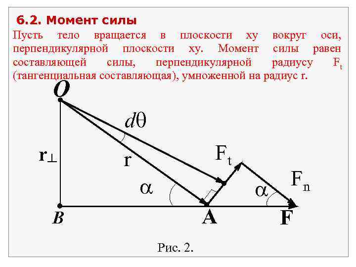  6. 2. Момент силы Пусть тело вращается в плоскости xy вокруг оси, перпендикулярной