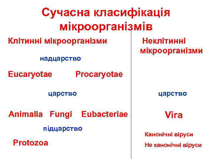Сучасна класифікація мікроорганізмів Клітинні мікроорганізми надцарство Eucaryotae Procaryotae царство Animalia Fungi царство Eubacteriae підцарство