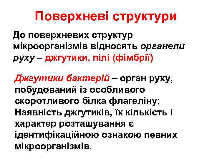 Поверхневі структури До поверхневих структур мікроорганізмів відносять органели руху – джгутики, пілі (фімбрії) Джгутики