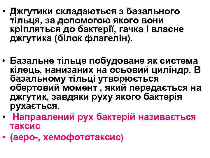  • Джгутики складаються з базального тільця, за допомогою якого вони кріпляться до бактерії,