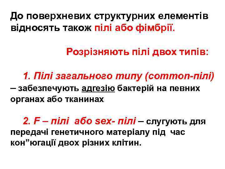 До поверхневих структурних елементів відносять також пілі або фімбрії. Розрізняють пілі двох типів: 1.