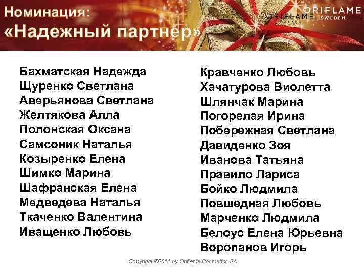 Номинация: «Надежный партнер» Бахматская Надежда Щуренко Светлана Аверьянова Светлана Желтякова Алла Полонская Оксана Самсоник