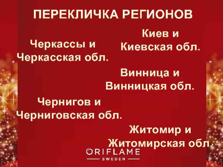 ПЕРЕКЛИЧКА РЕГИОНОВ Черкассы и Черкасская обл. Киев и Киевская обл. Винница и Винницкая обл.