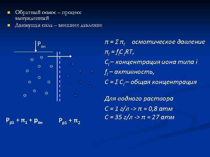 n n Обратный осмос – процесс вынужденный Движущая сила – внешнее давление π =