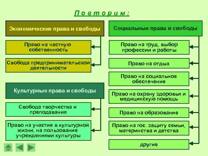 Повторим: Экономические права и свободы Социальные права и свободы Право на частную собственность Право