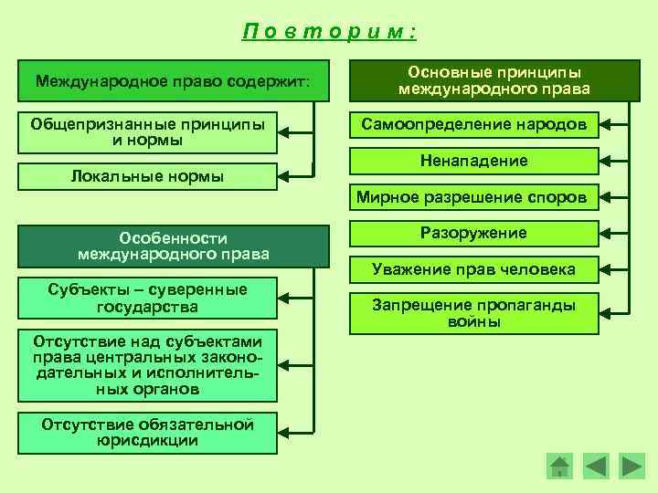 Повторим: Международное право содержит: Общепризнанные принципы и нормы Локальные нормы Основные принципы международного права