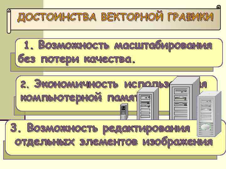 ДОСТОИНСТВА ВЕКТОРНОЙ ГРАФИКИ 1. Возможность масштабирования без потери качества. Экономичность использования компьютерной памяти. 2.