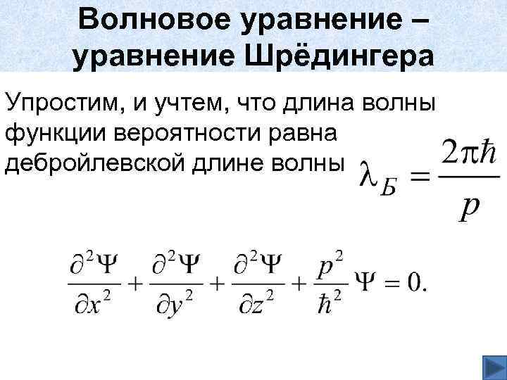 Волновое уравнение – уравнение Шрёдингера Упростим, и учтем, что длина волны функции вероятности равна