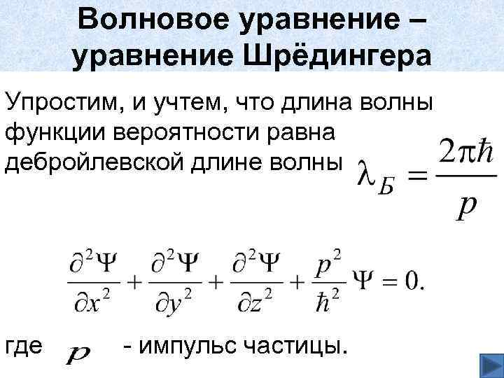 Волновое уравнение – уравнение Шрёдингера Упростим, и учтем, что длина волны функции вероятности равна