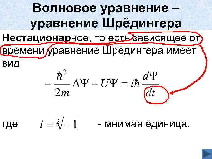 Волновое уравнение – уравнение Шрёдингера Нестационарное, то есть зависящее от времени уравнение Шрёдингера имеет