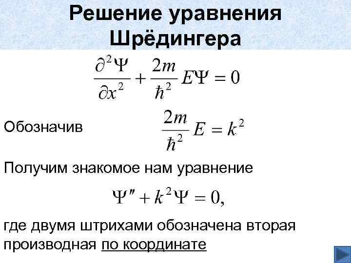 Решение уравнения Шрёдингера Обозначив Получим знакомое нам уравнение где двумя штрихами обозначена вторая производная