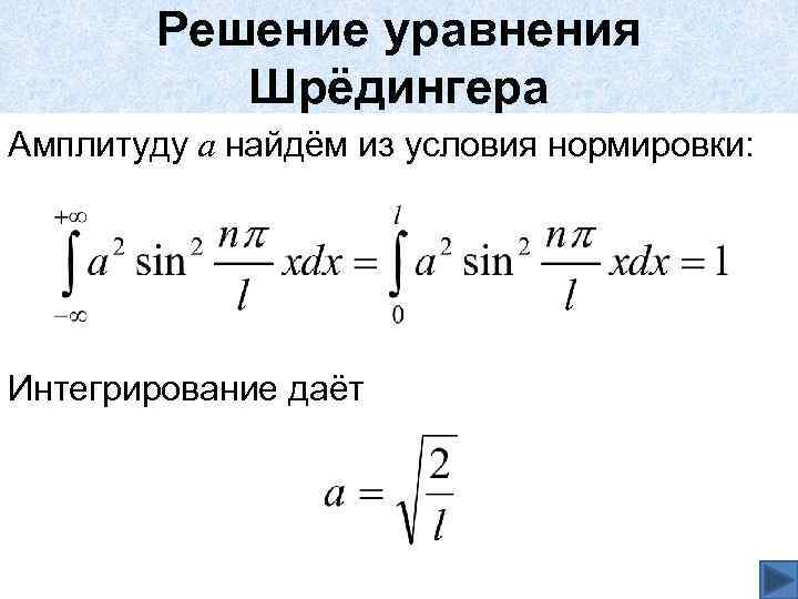 Решение уравнения Шрёдингера Амплитуду а найдём из условия нормировки: Интегрирование даёт 