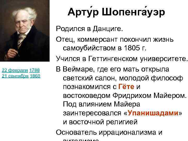 Арту р Шопенга уэр 22 февраля 1788 21 сентября 1860 Родился в Данциге. Отец,