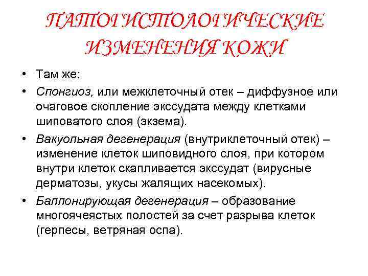 ПАТОГИСТОЛОГИЧЕСКИЕ ИЗМЕНЕНИЯ КОЖИ • Там же: • Спонгиоз, или межклеточный отек – диффузное или