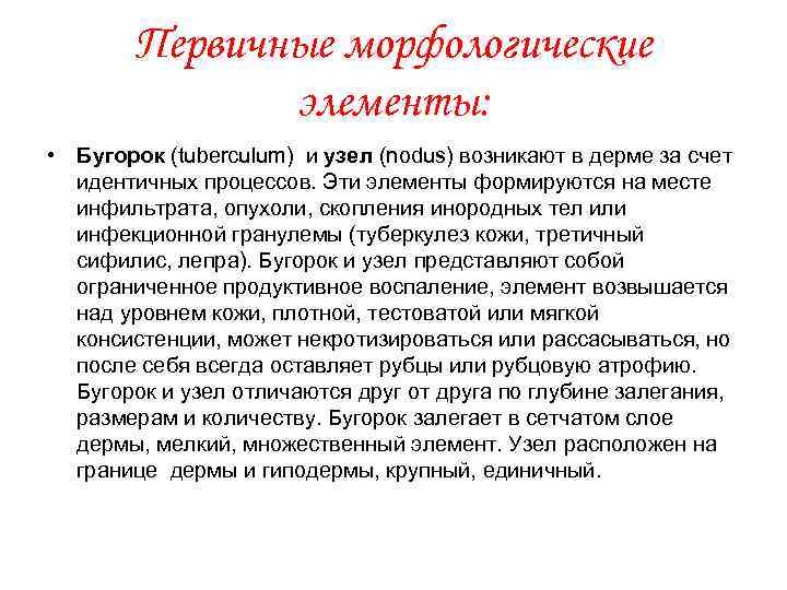 Первичные морфологические элементы: • Бугорок (tuberculum) и узел (nodus) возникают в дерме за счет