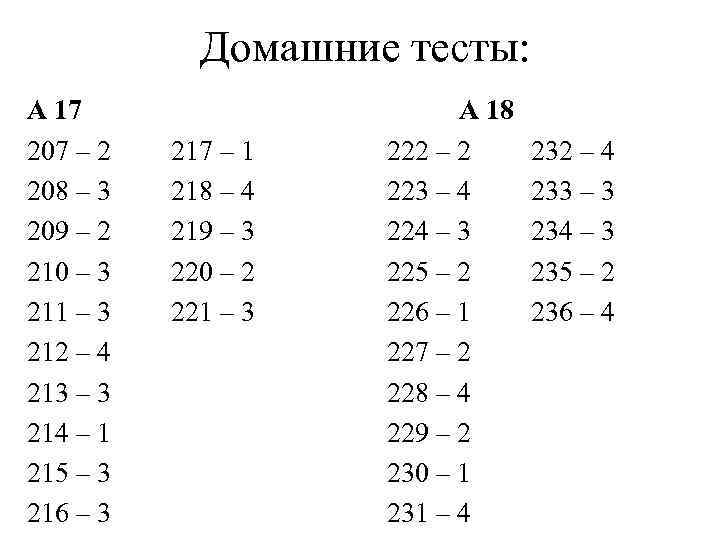 Домашние тесты: А 17 207 – 2 208 – 3 209 – 2 210