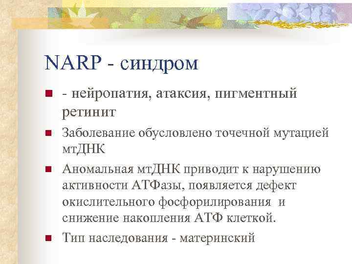 NARP - синдром n - нейропатия, атаксия, пигментный ретинит n Заболевание обусловлено точечной мутацией