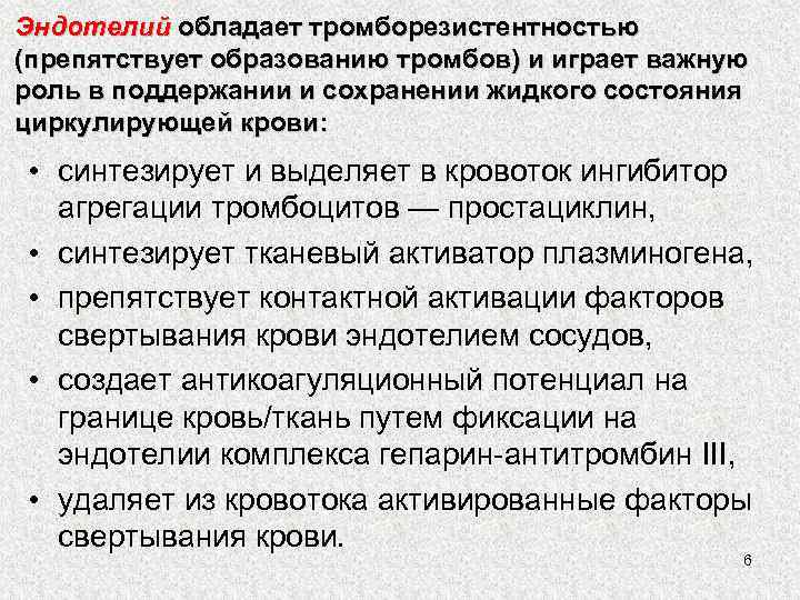 Эндотелий обладает тромборезистентностью (препятствует образованию тромбов) и играет важную роль в поддержании и сохранении