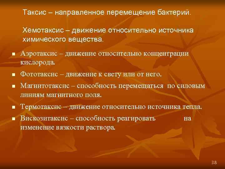 Таксис – направленное перемещение бактерий. Хемотаксис – движение относительно источника химического вещества. n n