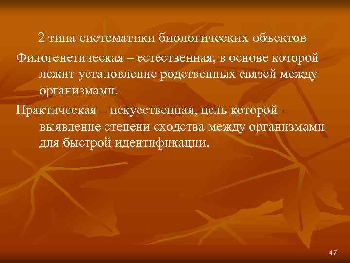 2 типа систематики биологических объектов Филогенетическая – естественная, в основе которой лежит установление родственных