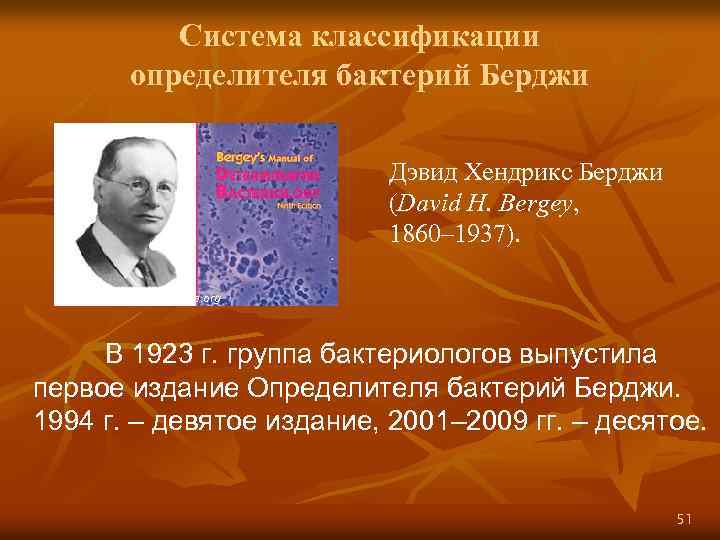 Система классификации определителя бактерий Берджи Дэвид Хендрикс Берджи (David H. Bergey, 1860– 1937). www.