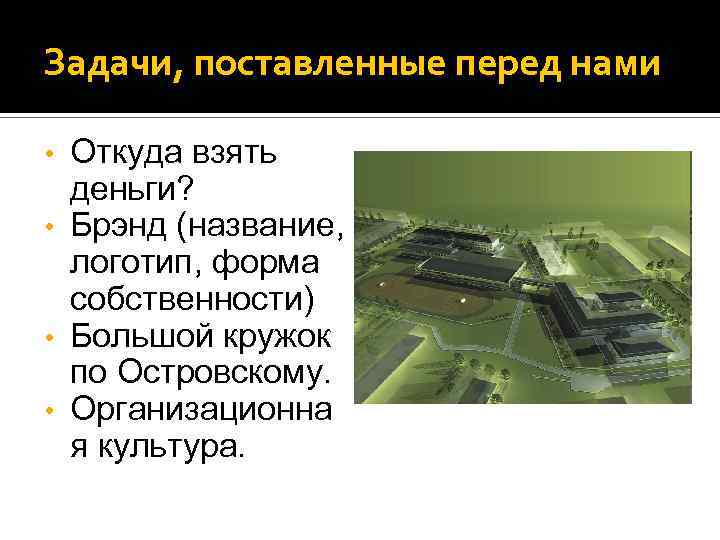 Задачи, поставленные перед нами Откуда взять деньги? • Брэнд (название, логотип, форма собственности) •