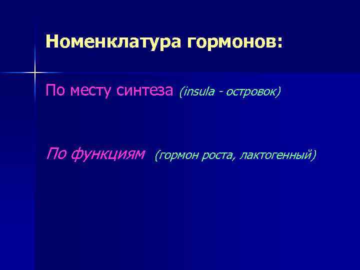 Номенклатура гормонов: По месту синтеза (insula - островок) По функциям (гормон роста, лактогенный) 