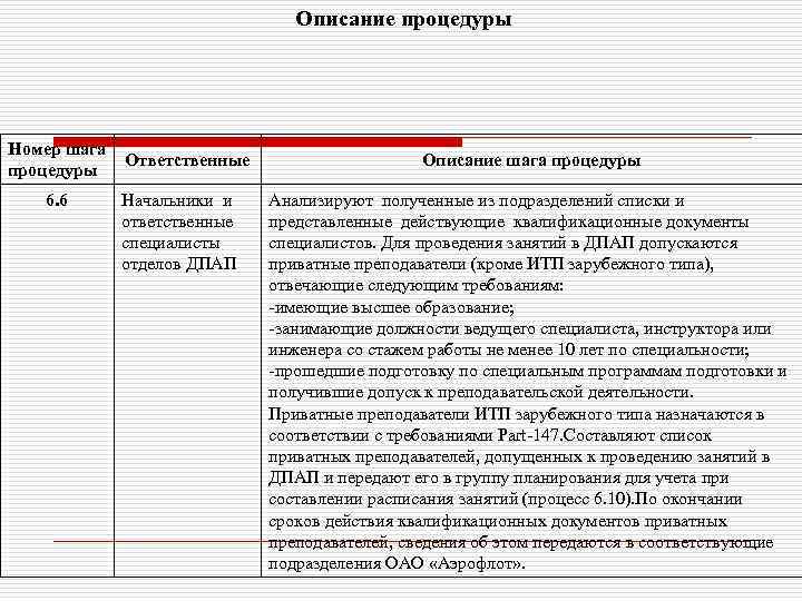Описание процедуры Номер шага Ответственные процедуры 6. 6 Начальники и ответственные специалисты отделов ДПАП