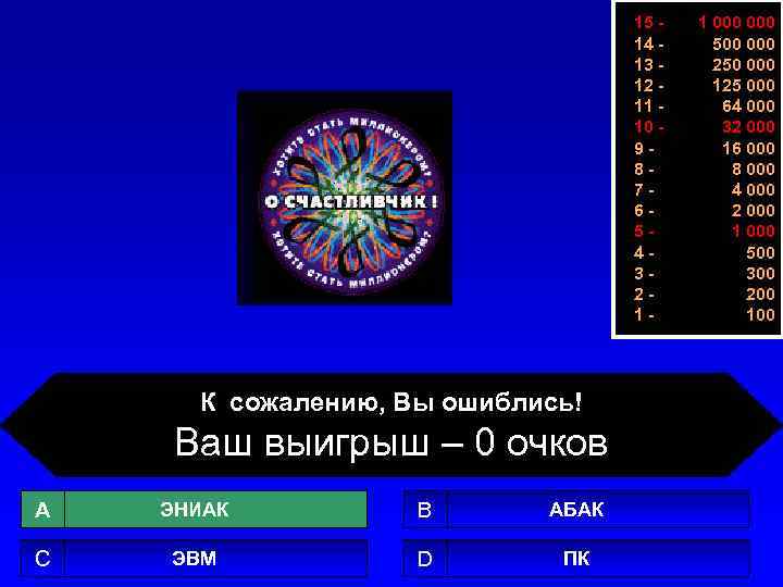 15 14 13 12 11 10 987654321 - К сожалению, Вы ошиблись! Ваш выигрыш