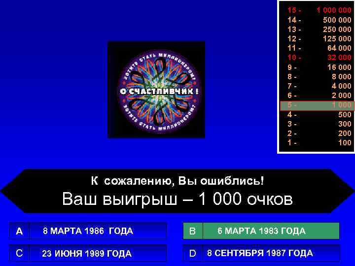 15 14 13 12 11 10 987654321 - К сожалению, Вы ошиблись! Ваш выигрыш
