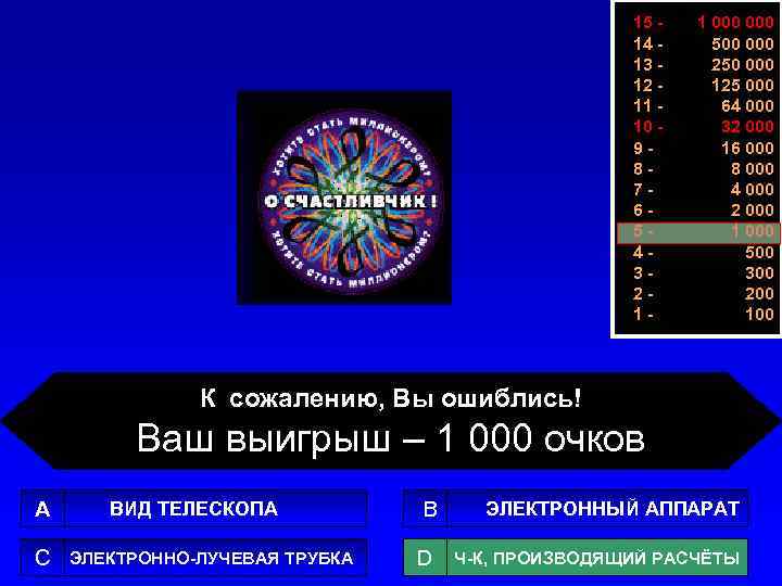 15 14 13 12 11 10 987654321 - 1 000 500 000 250 000