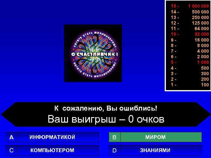 15 14 13 12 11 10 987654321 - К сожалению, Вы ошиблись! Ваш выигрыш
