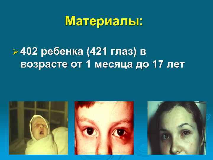 Материалы: Ø 402 ребенка (421 глаз) в возрасте от 1 месяца до 17 лет